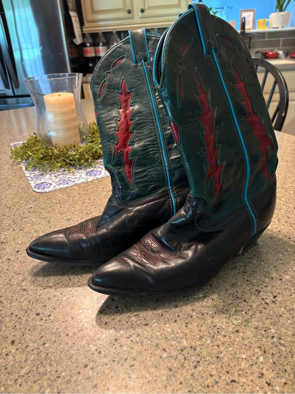 Women's Teal & Black Western Heeled Boots with Red Inlay